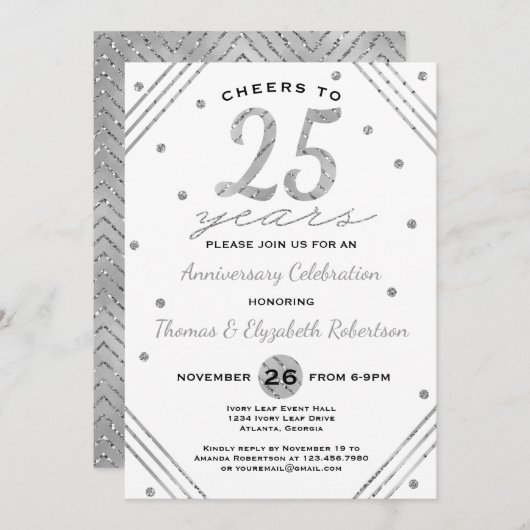 Party Einladung zum 25. Jubiläum, Imitate Silber (Vorne/Hinten)