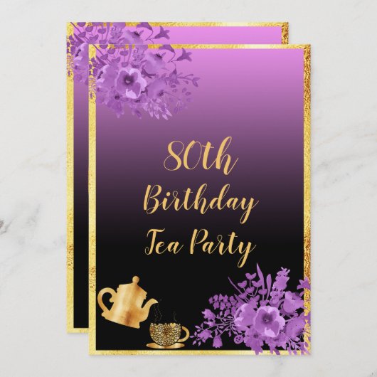 Party Einladung zum 80. Geburtstag schwarz lila (Vorne/Hinten)