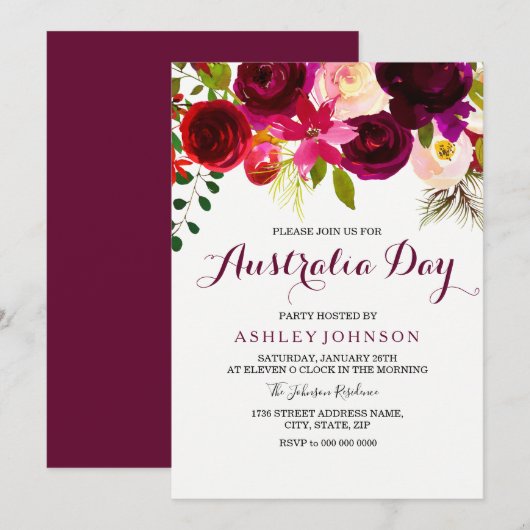 Party Einladung zum Burgundy Floral Australia Day (Vorne/Hinten)
