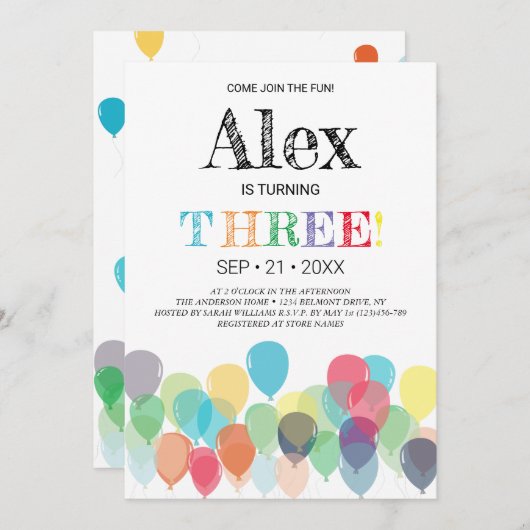 Party Einladung zum dritten Geburtstag (Vorne/Hinten)