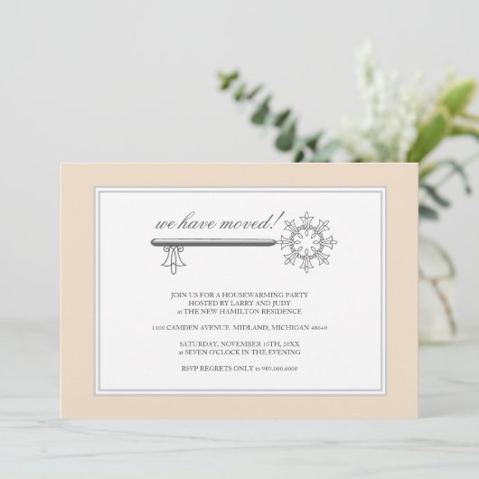 Party Einladung zur Erwärmung des Hauses {Beige} (Stehend Vorderseite)