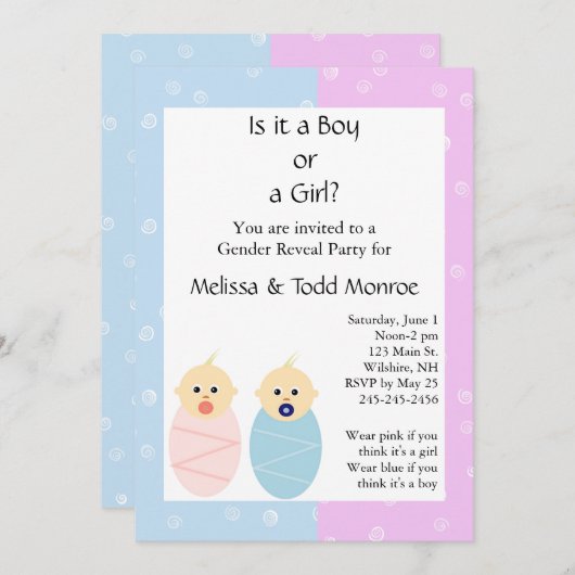 Party Einladung zwischen Rosa und Blauem Geschlech (Vorne/Hinten)