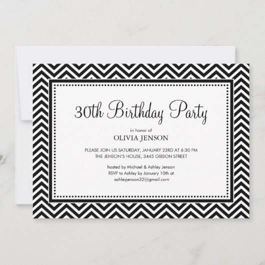 Party Einladungen aus schwarzem und weißem Zickzac (Vorderseite)