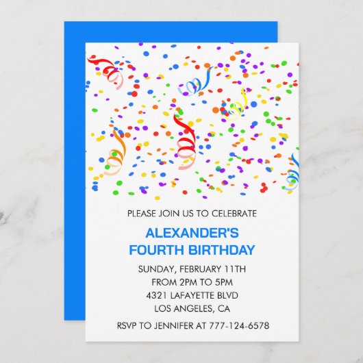 Party Einladungen Blauer Konfetti Regenbogen (Vorne/Hinten)