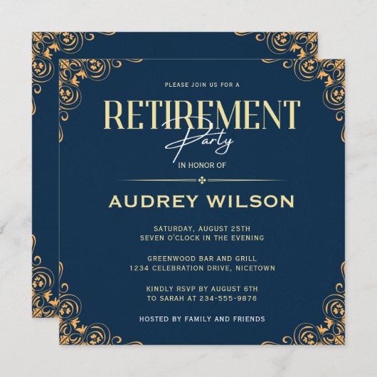 Party Einladungen für das Ruhestand Blue Navy (Vorne/Hinten)