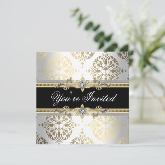 Party Einladungen für den Weißgoldschwarzen Damast (Stehend Vorderseite)
