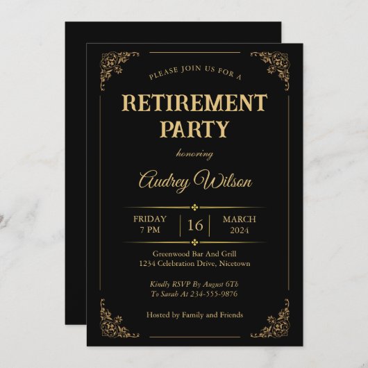 Party Einladungen im Ruhestand Elegantes Schwarzes (Vorne/Hinten)