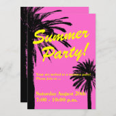 Party Einladungen im Sommer neonrosa und Palmen (Vorne/Hinten)