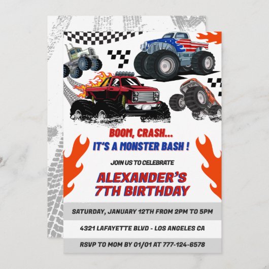 Party Einladungen mit heißen Rädern Boom Crash (Vorne/Hinten)