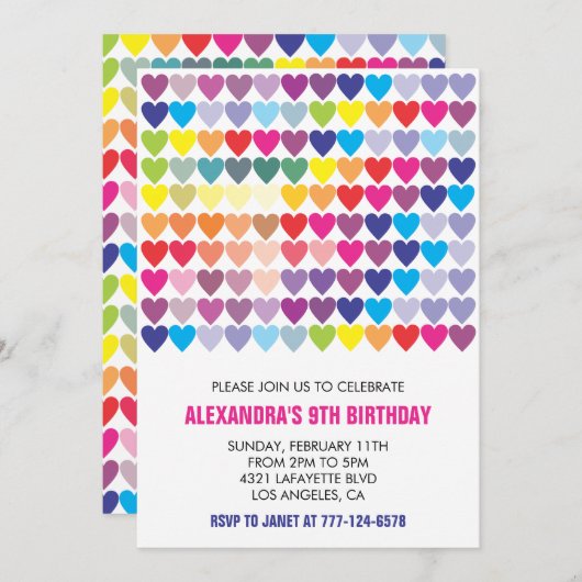 Party Einladungen Rainbow Heart Modern 9TH (Vorne/Hinten)