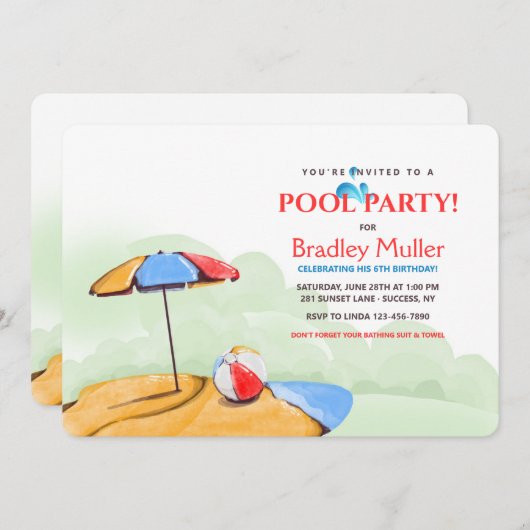 Party Einladungen Strand/Pool (Vorne/Hinten)