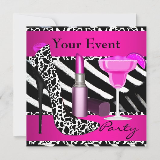 Party Event Zebra Schuhe Hot Pink Lipstick Einladung (Vorderseite)