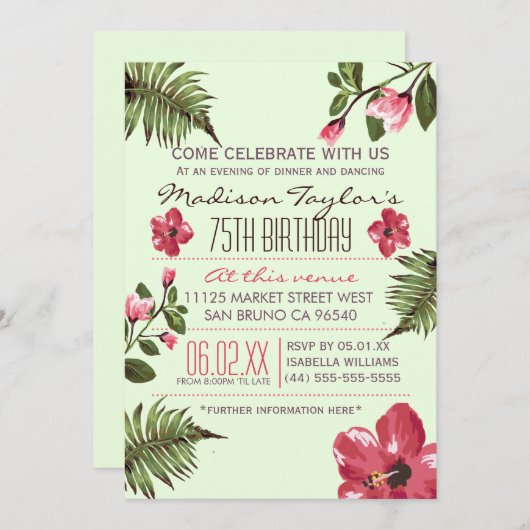 Party Exotic Hibiskus & Tropical Palm Blätter Einladung (Vorne/Hinten)