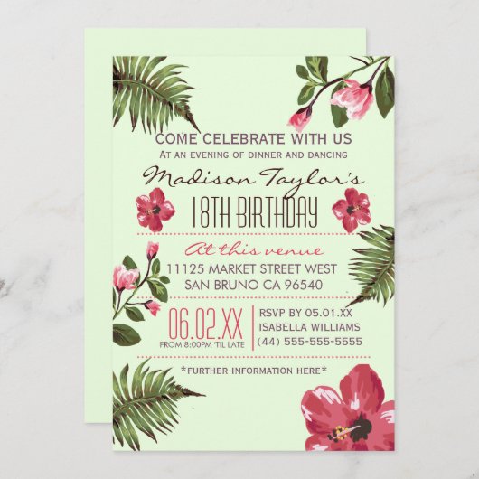 Party Exotic Hibiskus & Tropical Palm Blätter Einladung (Vorne/Hinten)