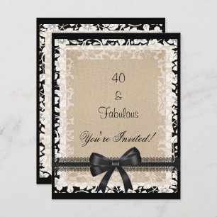 Party Fabulous 40. Schwarz-weiß Beige Blüte Einladung