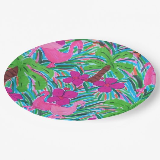 Party Flamingos und Palmen Pappteller (Schrägansicht)