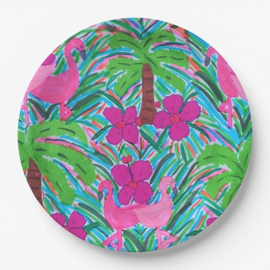 Party Flamingos und Palmen Pappteller (Vorderseite)