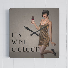 Party Flapper Girl It's Wine O'Clock Wall Clock Quadratische Wanduhr