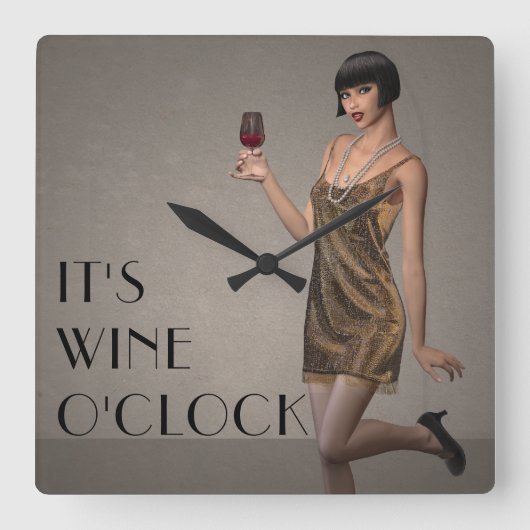 Party Flapper Girl It's Wine O'Clock Wall Clock Quadratische Wanduhr (Vorderseite)