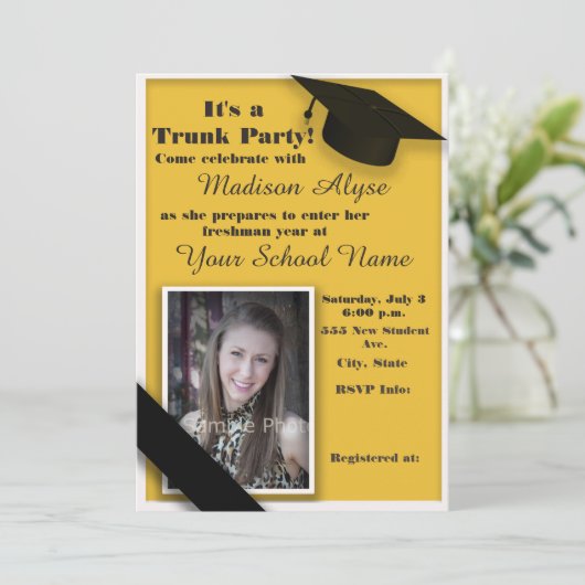 Party-Foto aus gelben und weißen Trunk-Unis Einladung (Stehend Vorderseite)