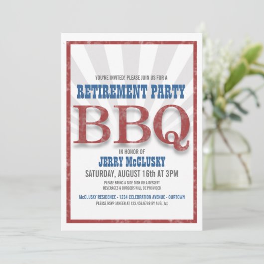 Party für Altersversorgung Barbeque Einladungen (Stehend Vorderseite)
