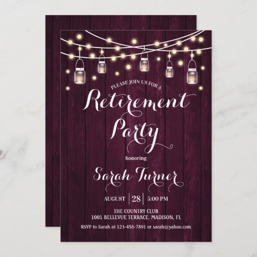 Party für Altersvorsorge - Rustikales Burgund Maro Einladung (Vorne/Hinten)
