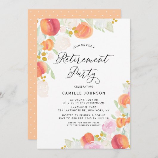 Party für Aquarellpfirsiche und Blume Einladung (Vorne/Hinten)
