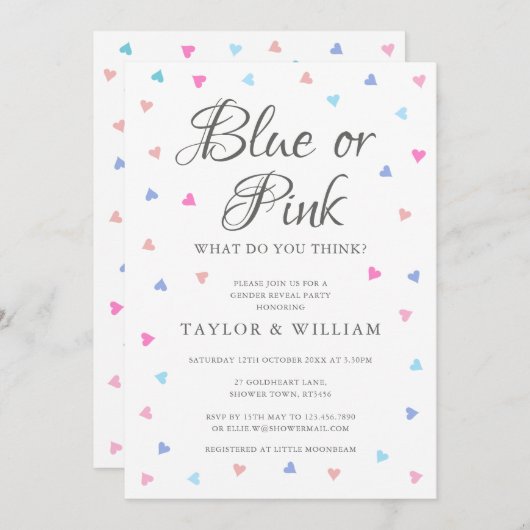 Party für blaue oder rosafarbene Herzen Einladung (Vorne/Hinten)