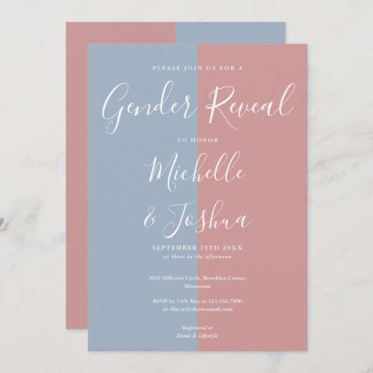 Party für das Blau und Rosa elegante Skriptgeschle Einladung (Vorne/Hinten)