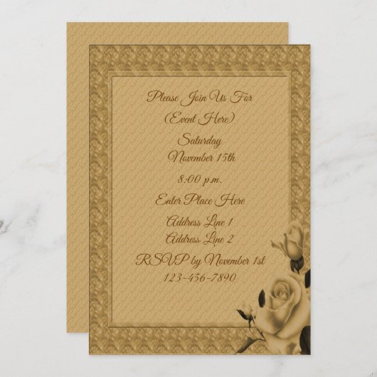 Party für das Design von Rahmen in Gold-Rose Einladung (Vorne/Hinten)