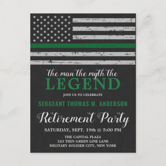 Party für das militärische Ruhestand - dünne grüne Einladungspostkarte (Vorderseite)