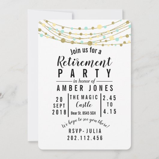 Party für den Ruhestand Einladen aquamarinen und G Einladung (Vorderseite)