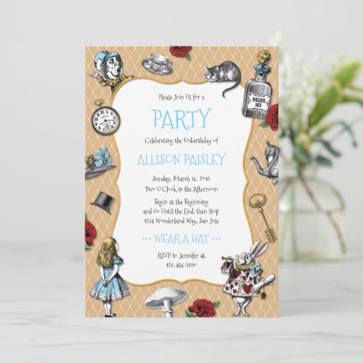 Party für die Alice im Wunderland Einladung (Stehend Vorderseite)