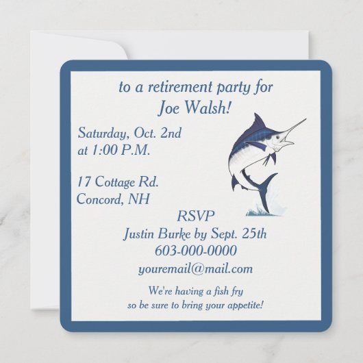 Party für die Altersversorgung: Blauer Marlin Einladung (Rückseite)