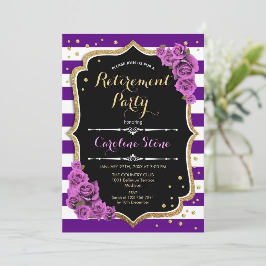 Party für die Altersversorgung - Lila Streifen Einladung (Stehend Vorderseite)