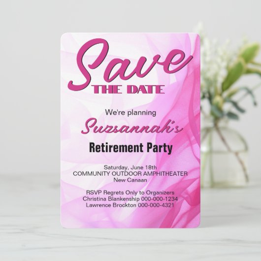 Party für die Altersversorgung Save the Date Rosa (Stehend Vorderseite)