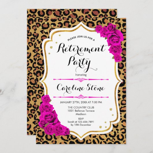 Party für die Altersvorsorge - Rosa Gold Leopard P Einladung (Vorne/Hinten)