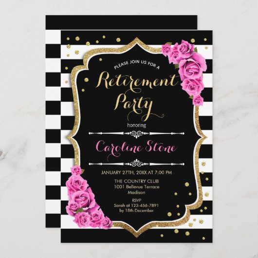 Party für die Altersvorsorge - Schwarz-weiße Strei Einladung (Vorne/Hinten)