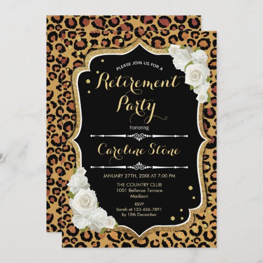 Party für die Altersvorsorge - Schwarze Goldleopar Einladung (Vorne/Hinten)