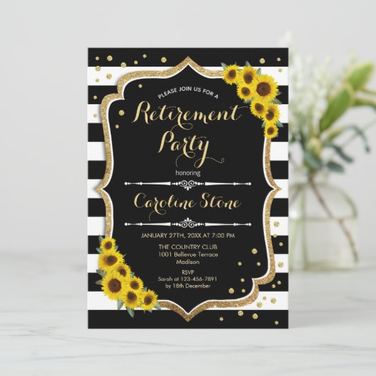 Party für die Altersvorsorge - Sonnenblumen Schwar Einladung (Stehend Vorderseite)