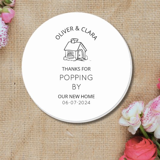 Party für die Haushaltswärmung danke, Etikett Popc Runder Aufkleber