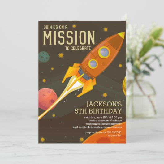 Party für die Retro-Weltraummission Kindergeburtst Einladung (Stehend Vorderseite)