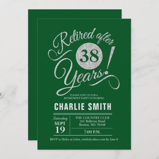 Party für die Ruhestandszeit - Dunkelgrünes Silber Einladung (Vorne/Hinten)
