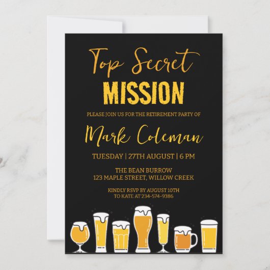 Party für die Überraschung in der schwarzen und go Einladung (Vorderseite)