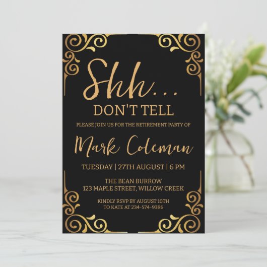 Party für die Überraschung in der schwarzen und go Einladung (Stehend Vorderseite)