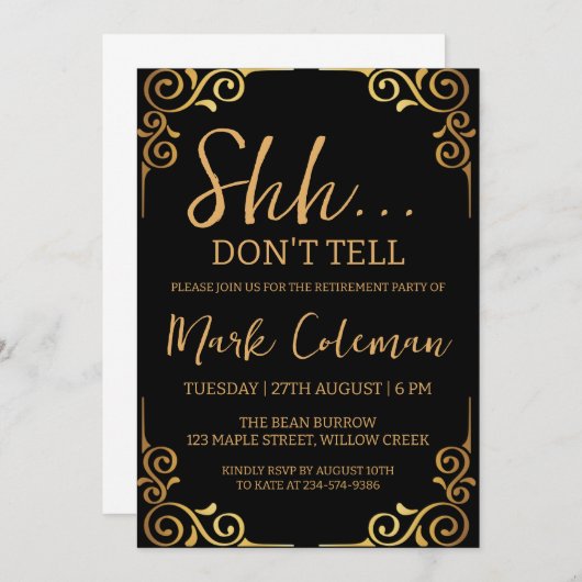 Party für die Überraschung in der schwarzen und go Einladung (Vorne/Hinten)