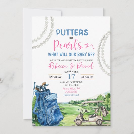 Party für Golf Theme Putters oder Perlen Gender Re Einladung (Vorderseite)