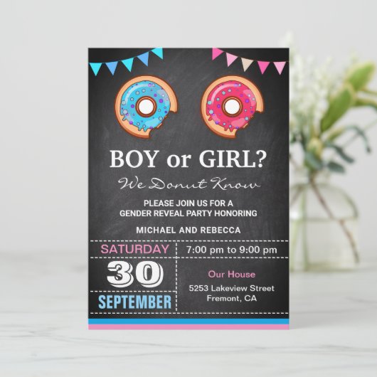 Party für Junge oder Mädchen im Donut-Geschlecht Einladung (Stehend Vorderseite)