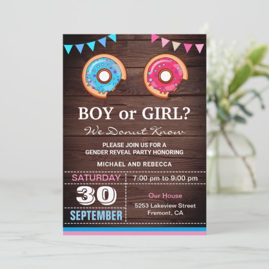 Party für Junge oder Mädchen im Donut-Geschlecht Einladung (Stehend Vorderseite)