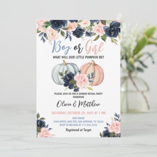 Party für Junge oder Mädchen Pumpkin Gender Reveal Einladung (Stehend Vorderseite)